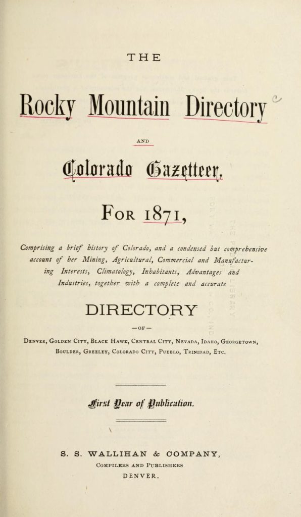 1871 Rocky Mountain Directory and Colorado Gazetteer